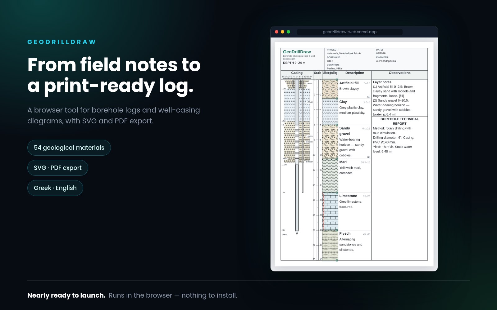 GeoDrillDraw in a browser, showing a borehole log sheet, 54 geological materials, and SVG or PDF export.