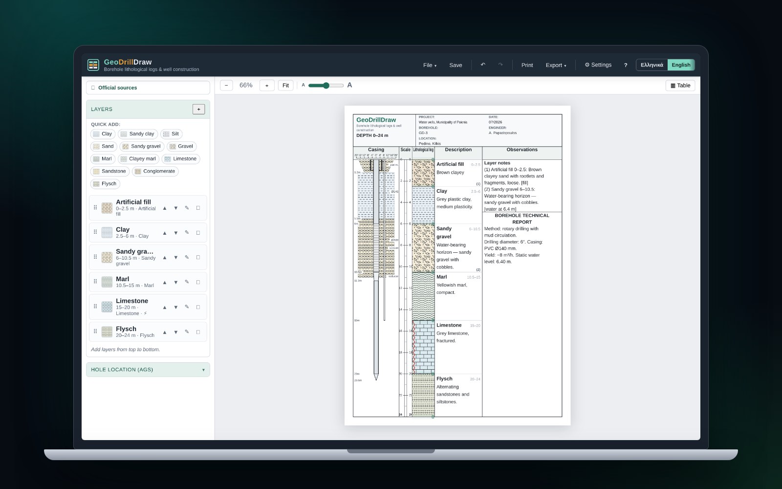 GeoDrillDraw open on a laptop browser, showing the layers panel and a borehole log.