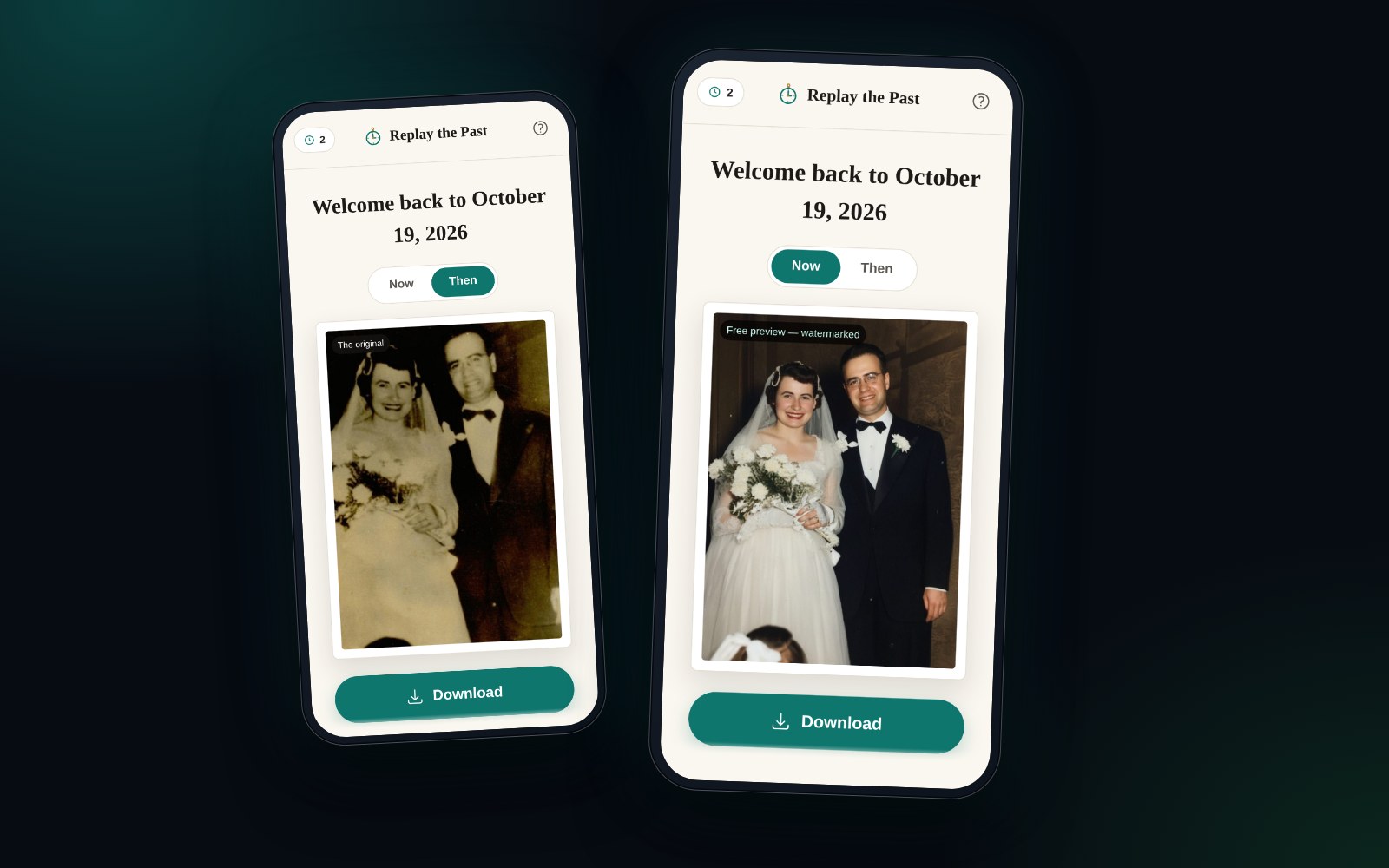 Replay the Past on two phones, showing the original photo and the restored colour version.